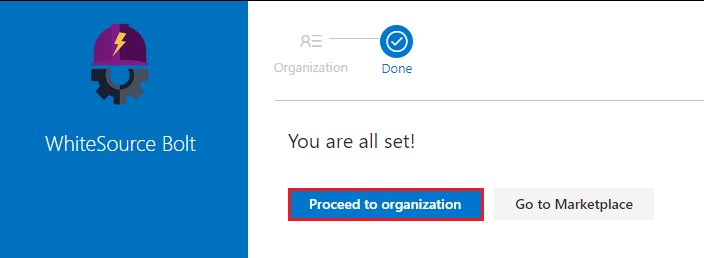 Screenshot of the installation complete page with proceed to organization button highlighted